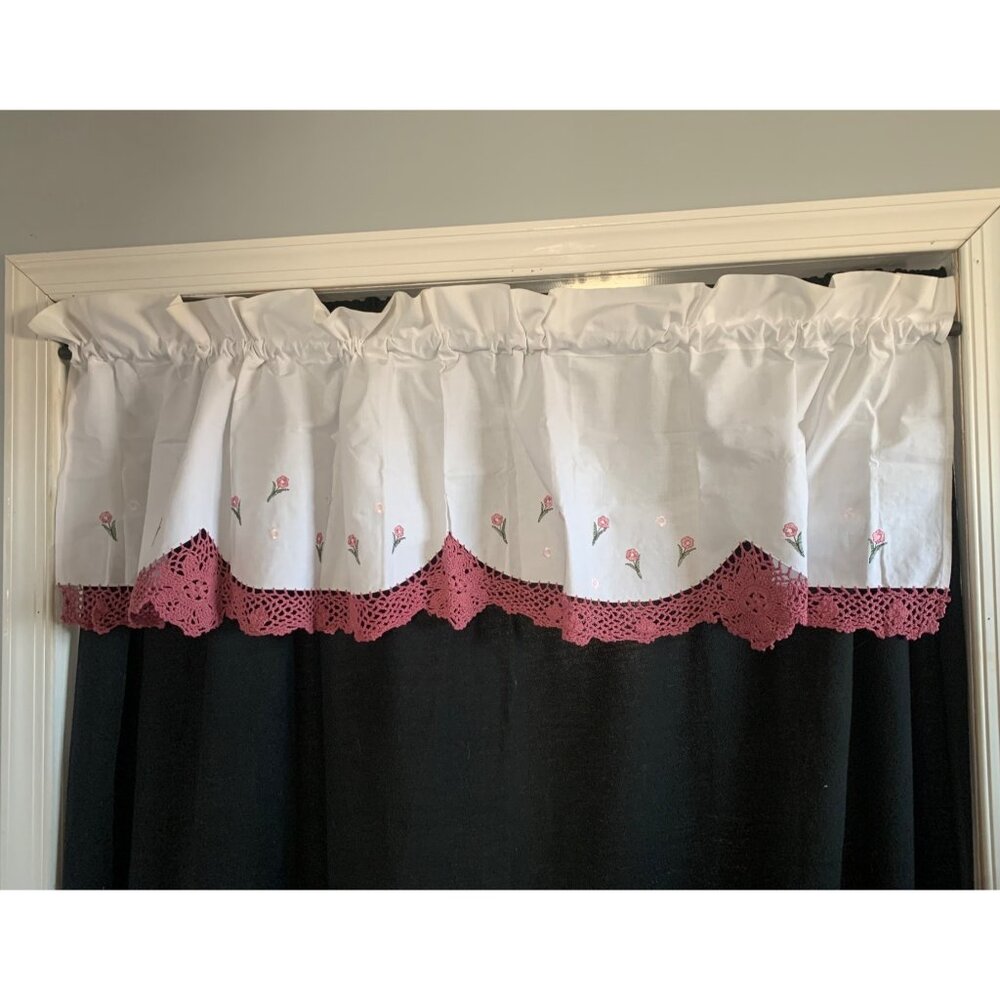 White Cotton Valance With Pink Crocheted Trim & Embroidered Flowers 60"W X 18"L